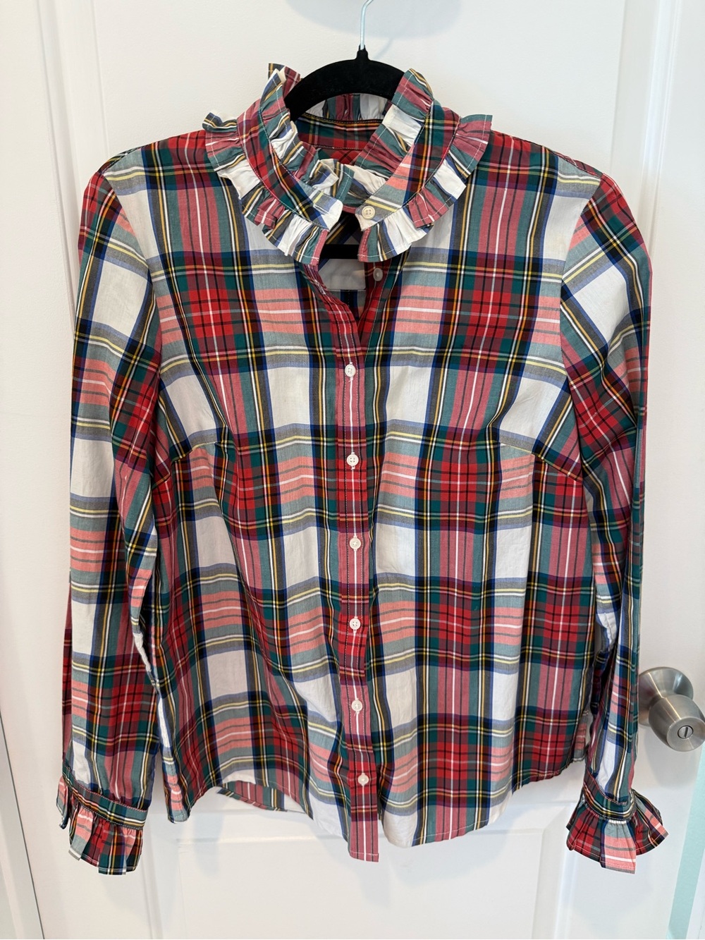 J. Crew Red Plaid Ruffle-Collar Button-Down Shirt